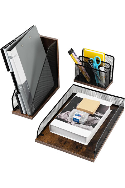 OEM Organizator de birou din lemn cu plasă metalică vintage, 3 piese individuale