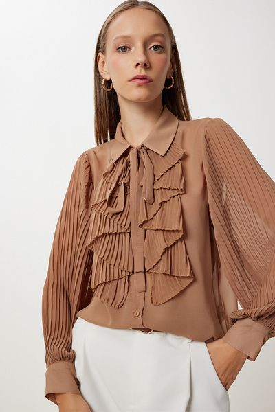 Lovelyİstanbul Flounced Pleated Chiffon Shirt Lfg0111 Camel