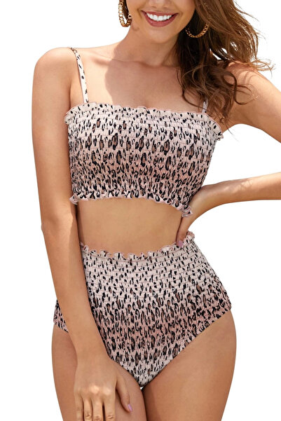OEM Costum de baie din 2 piese pentru femei, crem, cu model creț, mărimea S