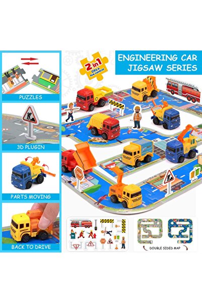 Yelajoy Car Toys for Kids,STEM Engineering Construction Car Toy Set,with City Road Game Map Vehicles Toys