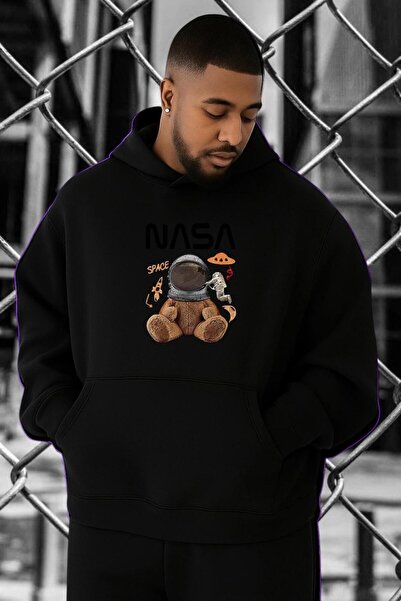 BENROMA سترة رياضية كبيرة الحجم مطبوعة بشعار ناسا من القطن الممشط بثلاث خيوط