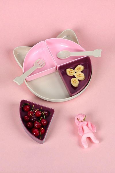 İronika Kitty 7 Piece Kitten Model Kids Baby Fork Spoon Plate Food Nutrition Set Food Plate - Powder