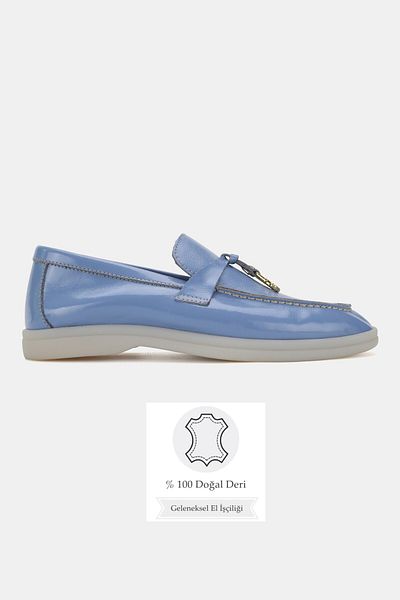 TUNAELLİ Women's Blue Rugan Genuine Leather Natural Leather Number 36-41 Bow Loafer Shoes