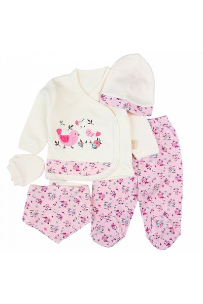 RCB Set 5 pieces for newborns with floral and bird print, pink