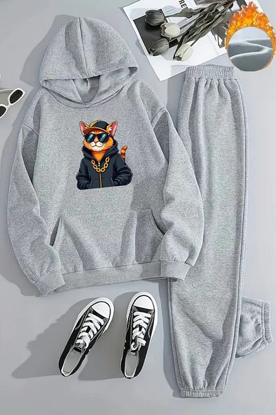 CLAYES Unisex Hip Hop Cat Printed Hooded Gray Tracksuit Set - Winter Hooded Fabric
