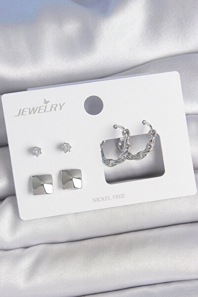 Skygo Brass Silver Color Zircon Stone Twist Hoop Model Square Detail 3 Pair Women Earrings Set - Tj-Bkp10605