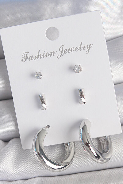 Skygo Brass Silver Color Zircon Stone Detail Hoop Model 3 Pairs Women's Earring Set - Tj-Bkp10598