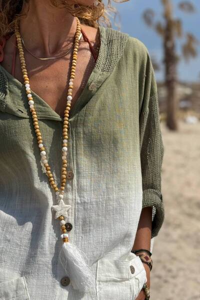 Güneşkızı Authentic Necklace with Tassel Detail and Wooden Beads
