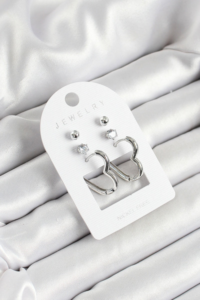 Skygo Silver Color 3-Piece Double Women's Earring Set with Brass Zircon Stone and Heart Figure - Tj-Bkp10644