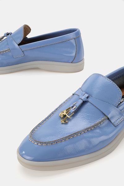 TUNAELLİ Women's Blue Rugan Genuine Leather Natural Leather Number 36-41 Bow Loafer Shoes