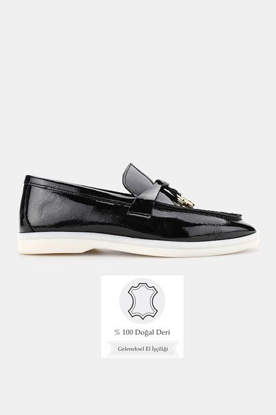 TUNAELLİ Women's Black Patent Leather Genuine Natural Leather 36-41 Number Bow Loafer Shoes