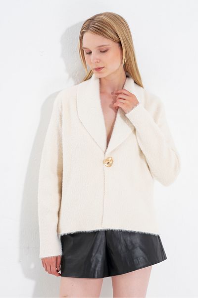 NATUFIAN STORE Women's Furry Single Button Bearded Washable Premium Look Knitwear Cardigan
