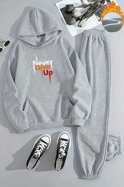CLAYES Unisex Never Give up Printed Hooded Gray Tracksuit Set - Winter Embossed Fabric