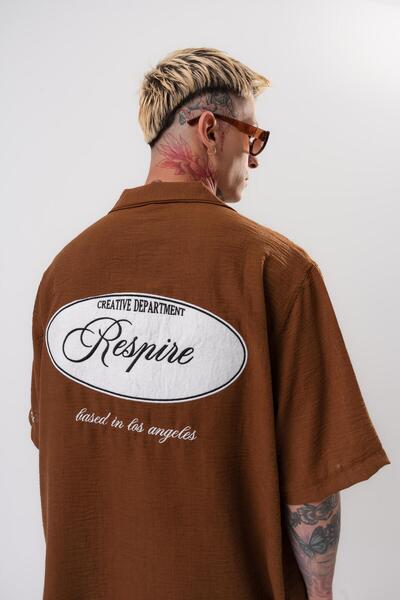 Respire Men's Embroidered Oversize Linen Shirt Brown