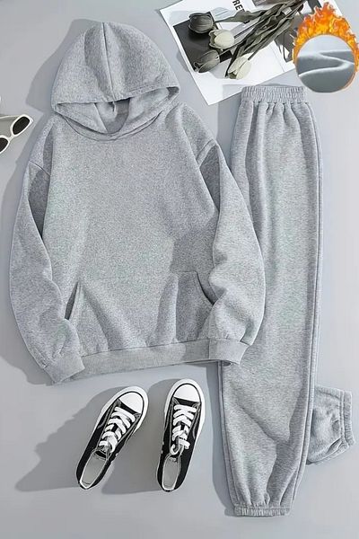CLAYES Unisex We Need Printed Hooded Gray Tracksuit Set - Winter Embossed Fabric