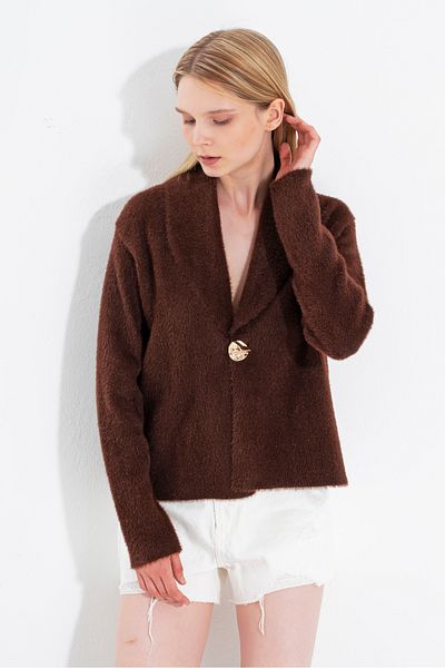 NATUFIAN STORE Women's Furry Single Button Bearded Washable Premium Look Knitwear Cardigan