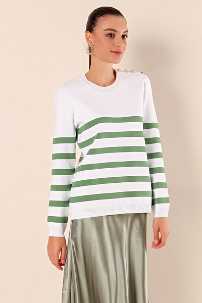Merterium Women's Buttoned Striped Sweater C. Çağla 1220