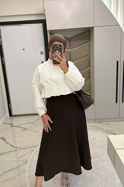 megapol Women's Brown Bell Fabric Flared Skirt with Elastic Waist