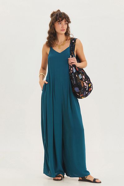 Clandestino Thick Strap V-Neck Long Jumpsuit Navy Blue