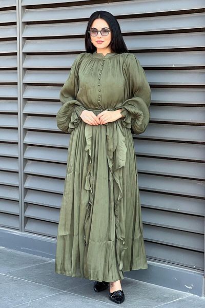 Mahal Button Detailed Ruffle Organza Satin Dress