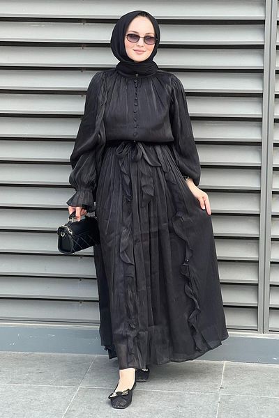 Mahal Button Detailed Ruffle Organza Satin Dress