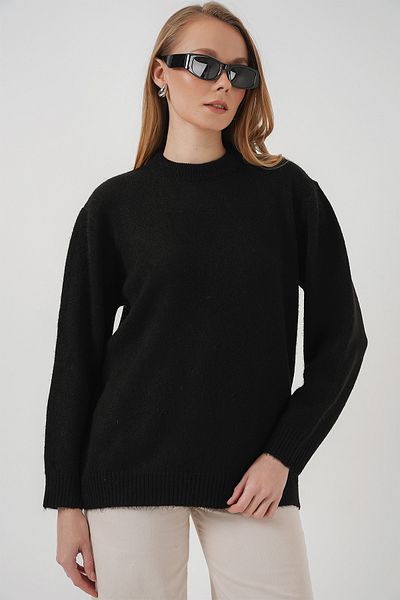 Merterium Women's Oversize Plain Black Knitwear Sweater 1225