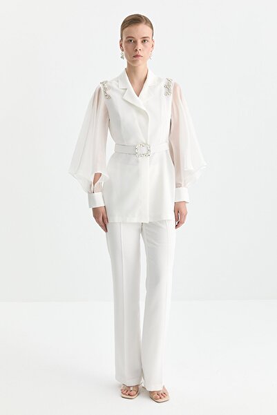 Nihan Omzu Parlak Taşlı Kolu Organze Pantolon Ceket Takım Beyaz