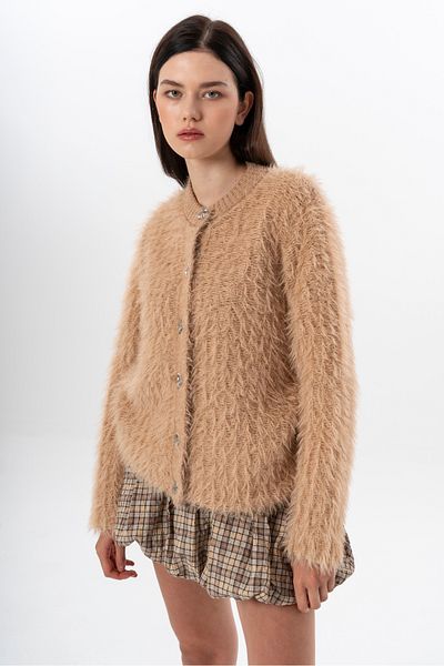 NATUFIAN STORE Women's Long Shaggy Glitter Crew Neck Washable Premium Look Knitwear Cardigan