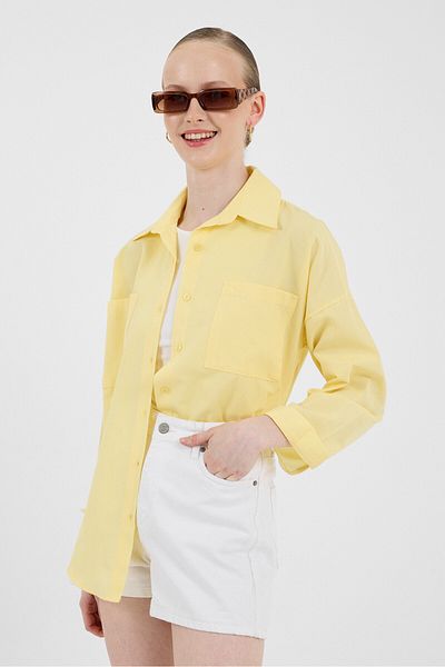 Rays Butter Yellow Double Pocket Oversize Long Basic Shirt Tcr 6256A