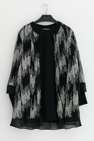 Nihan Büyük Beden Taşlı Pantolon Bluz Ceket Takım Siyah