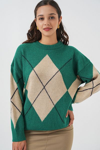 Merterium Women's Diamond Patterned Oversize Knitwear Sweater Y.Sapphire 1225