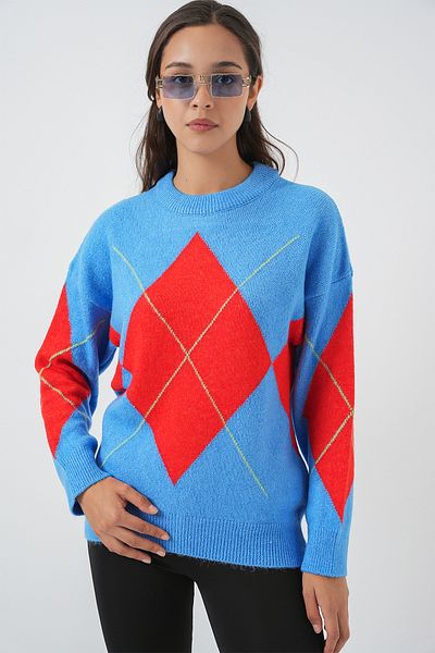Merterium Women's Diamond Patterned Oversize Sweater B.Blue 1225