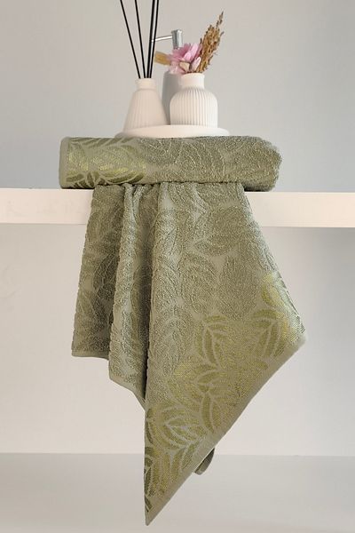 Sevim 2-Piece Jacquard Leaf Patterned 100% Cotton Hand Face Towel-50X90Cm-Green
