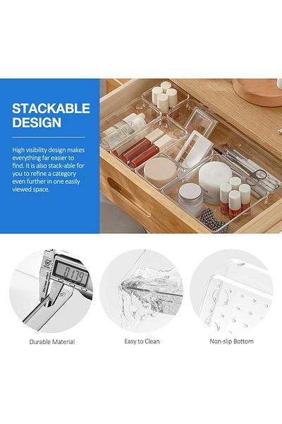 COOYA 16 PCS Clear Plastic Drawer Organizers Set,5-Size Versatile Bathroom Vanity Drawer Organizer Trays