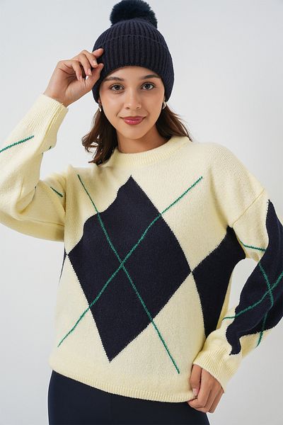 Merterium Women's Diamond Patterned Oversize Knitwear Sweater B.Yellow 1225
