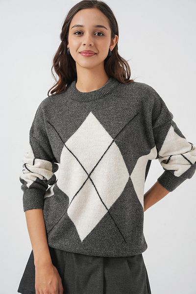 Merterium Women's Diamond Patterned Oversize Sweater Anthracite 1225