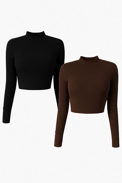 ÖZ PAMUK Women's 2-Piece Ribbed Turtleneck Knitted Camisole Long Sleeve Crop Blouse