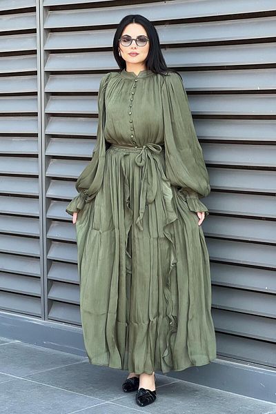 Mahal Button Detailed Ruffle Organza Satin Dress