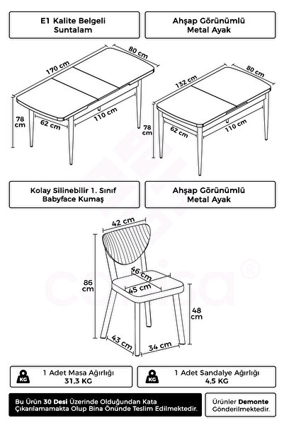 Canisa Exve Serisi 80x132 Açılabilir Ahşap Görünümlü Metal Mutfak Masası