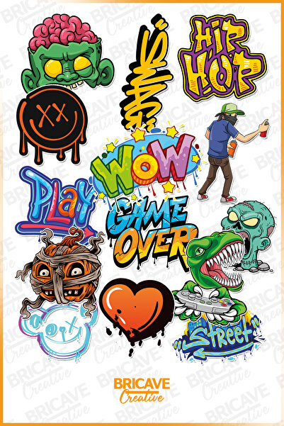 Bricave Graffiti Zombie Dino PVC Sticker Seti 2 Sayfa Laptop Telefon Journal ...
