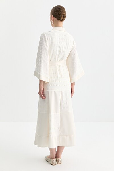 Nihan Kuşaklı File Ceket Ekru