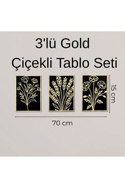 HippoDeco 3’lü Gold Pleksi Çiçekli Siyah Ahşap Dekoratif Tablo Seti - Modern ...
