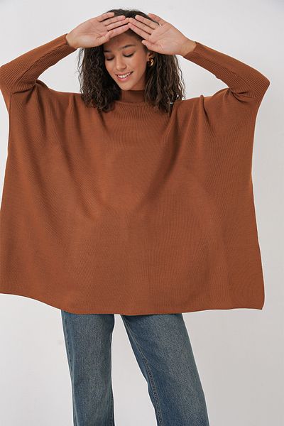 Merterium Women's Slit Knitwear Poncho Sweater Brown 1222