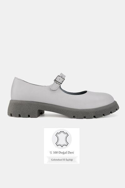 TUNAELLİ Women's Gray Khaki Natural Leather Mary Jane Shoes with Buckle Strap Size 36-41
