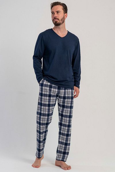 VİENETTA Cotton Men's Plus Size V-Neck Long Sleeve Pajamas Suit, 503174