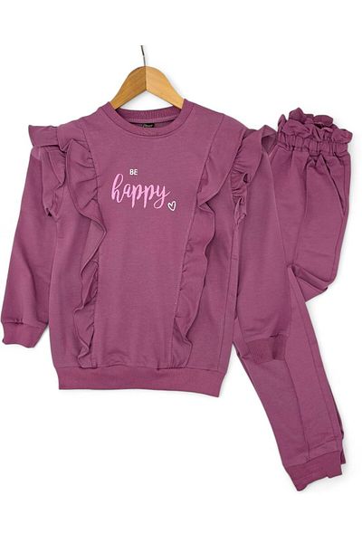 Ege Bebek Girl's Be Happy Printed 6-14 Years Old Ruffle Detailed Seasonal 2 Thread Unshaded Tracksuit Set