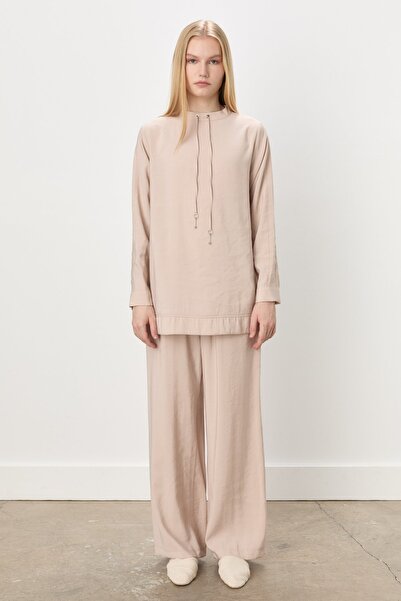 Nihan Dantel Detaylı Pantolon Tunik Modal Takım Bej