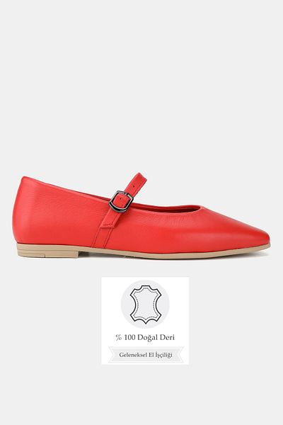 TUNAELLİ Women's Red Khaki Natural Leather 36-41 Number Buckle Straped Ballet Flat