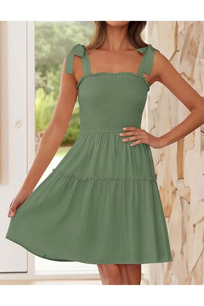 ZESICA Women's Summer Spaghetti Strap Sleeveless Square Neck Ruffle A Line Swing Mini Dress
