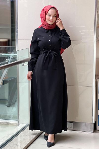 Nuss Six Studs Shirt Collar Belted Dress